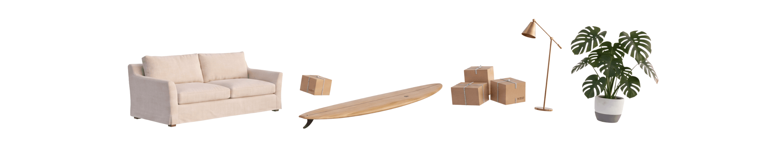 A sofa, moving boxes, a surfboard, a floor lamp and a potted plant floating in mid-air